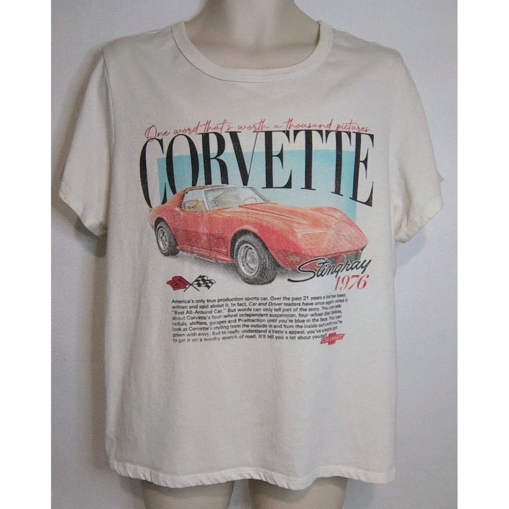 GM‎ T-Shirt Women's Chevrolet Corvette Stingray 1976 Racing Logo Car XXL Ivory